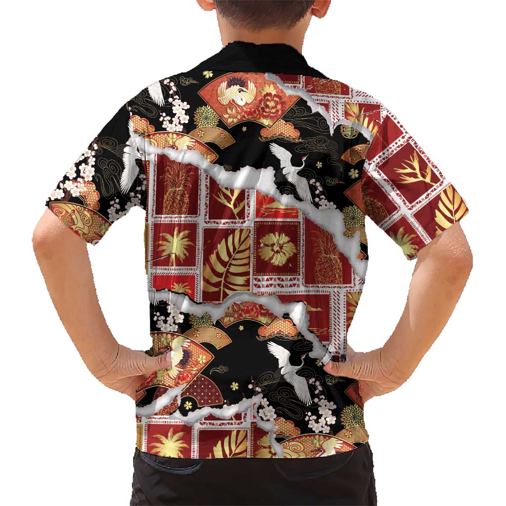 Hawaii Japanese Culture Black Family Matching Long Sleeve Bodycon Dress and Hawaiian Shirt Spring Cranes Aloha Pattern