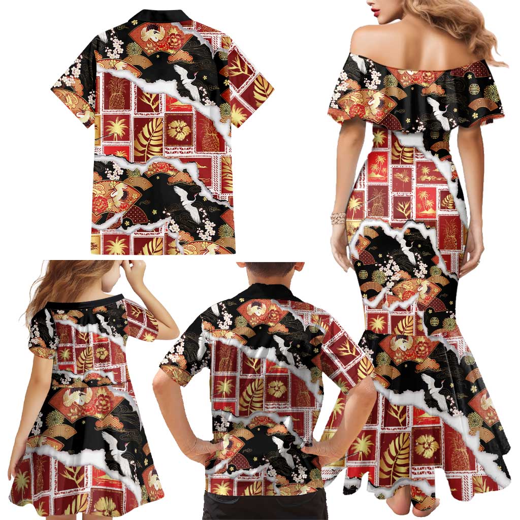 Hawaii Japanese Culture Black Family Matching Mermaid Dress and Hawaiian Shirt Spring Cranes Aloha Pattern