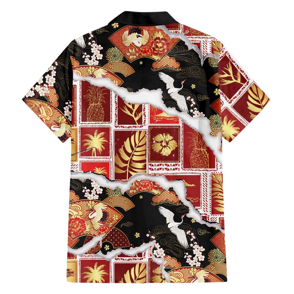 Hawaii Japanese Culture Black Family Matching Off Shoulder Maxi Dress and Hawaiian Shirt Spring Cranes Aloha Pattern LT01 - Polynesian Pride