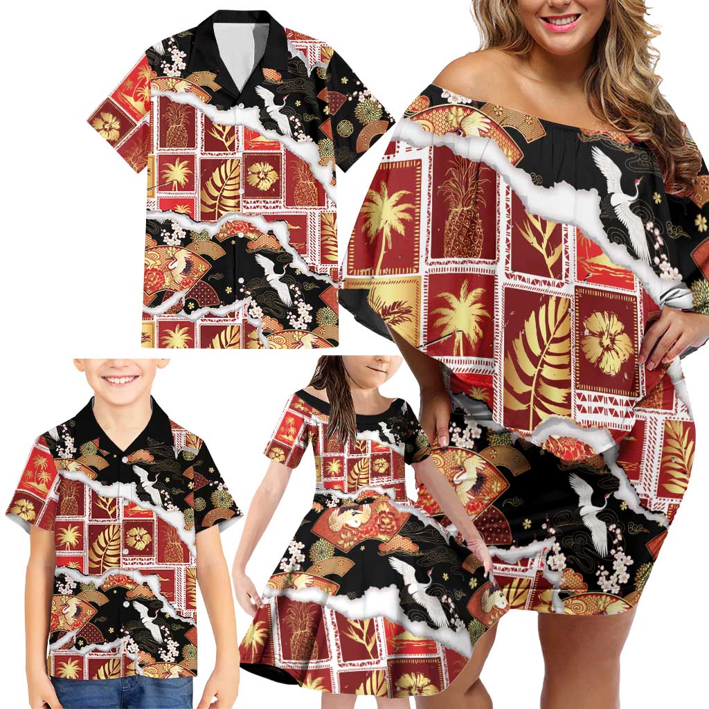 Hawaii Japanese Culture Black Family Matching Off Shoulder Short Dress and Hawaiian Shirt Spring Cranes Aloha Pattern