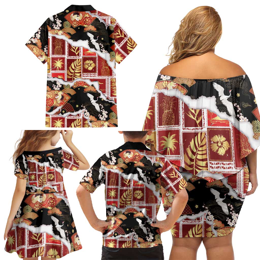 Hawaii Japanese Culture Black Family Matching Off Shoulder Short Dress and Hawaiian Shirt Spring Cranes Aloha Pattern LT01 - Polynesian Pride