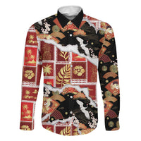 Hawaii Japanese Culture Black Family Matching Off Shoulder Short Dress and Hawaiian Shirt Spring Cranes Aloha Pattern LT01 Dad's Shirt - Long Sleeve Black - Polynesian Pride