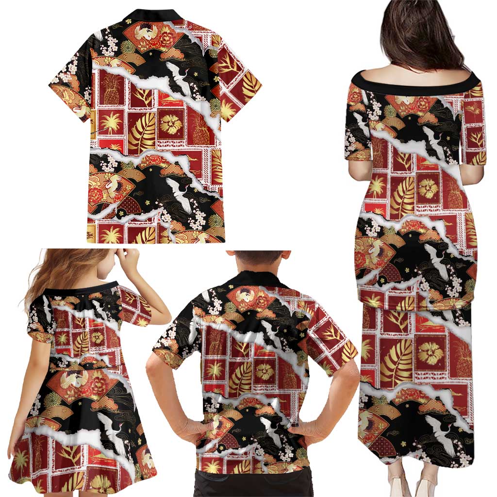 Hawaii Japanese Culture Black Family Matching Puletasi and Hawaiian Shirt Spring Cranes Aloha Pattern LT01 - Polynesian Pride