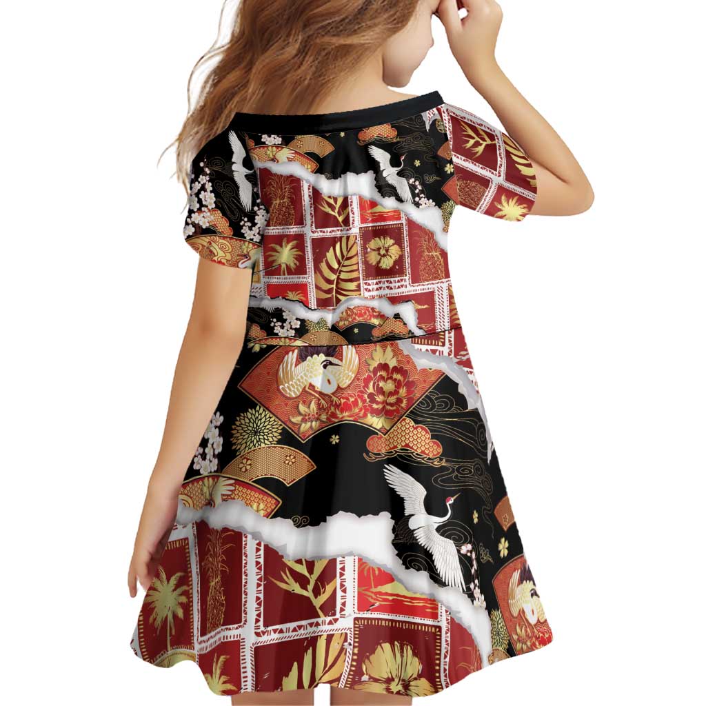 Hawaii Japanese Culture Black Family Matching Short Sleeve Bodycon Dress and Hawaiian Shirt Spring Cranes Aloha Pattern