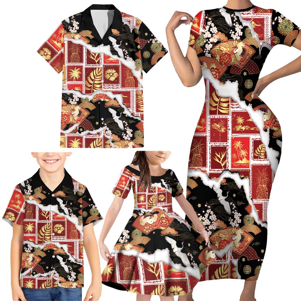 Hawaii Japanese Culture Black Family Matching Short Sleeve Bodycon Dress and Hawaiian Shirt Spring Cranes Aloha Pattern