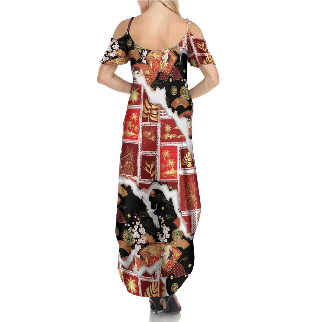 Hawaii Japanese Culture Black Family Matching Summer Maxi Dress and Hawaiian Shirt Spring Cranes Aloha Pattern LT01 - Polynesian Pride
