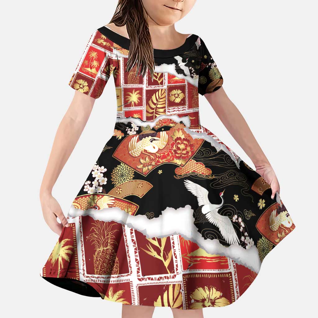 Hawaii Japanese Culture Black Family Matching Tank Maxi Dress and Hawaiian Shirt Spring Cranes Aloha Pattern LT01 Daughter's Dress Black - Polynesian Pride