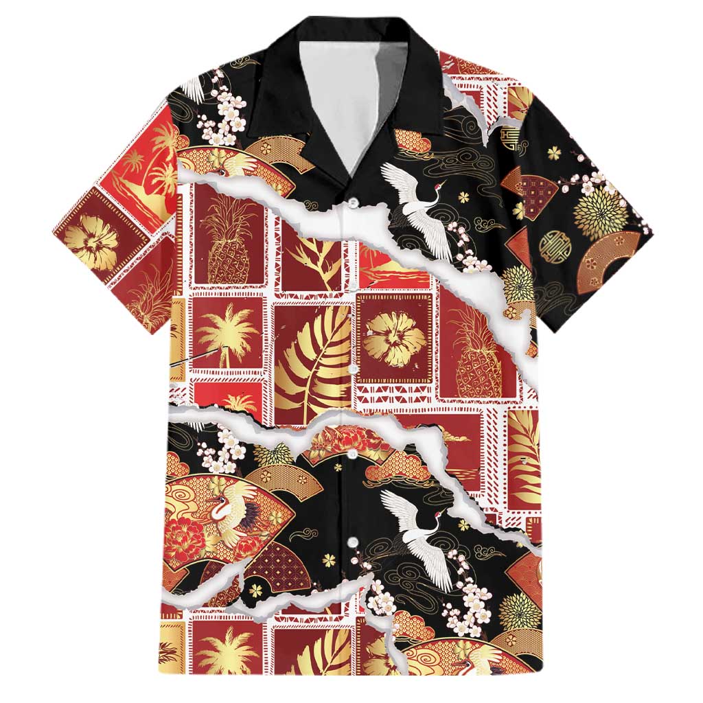 Hawaii Japanese Culture Black Family Matching Tank Maxi Dress and Hawaiian Shirt Spring Cranes Aloha Pattern LT01 Dad's Shirt - Short Sleeve Black - Polynesian Pride