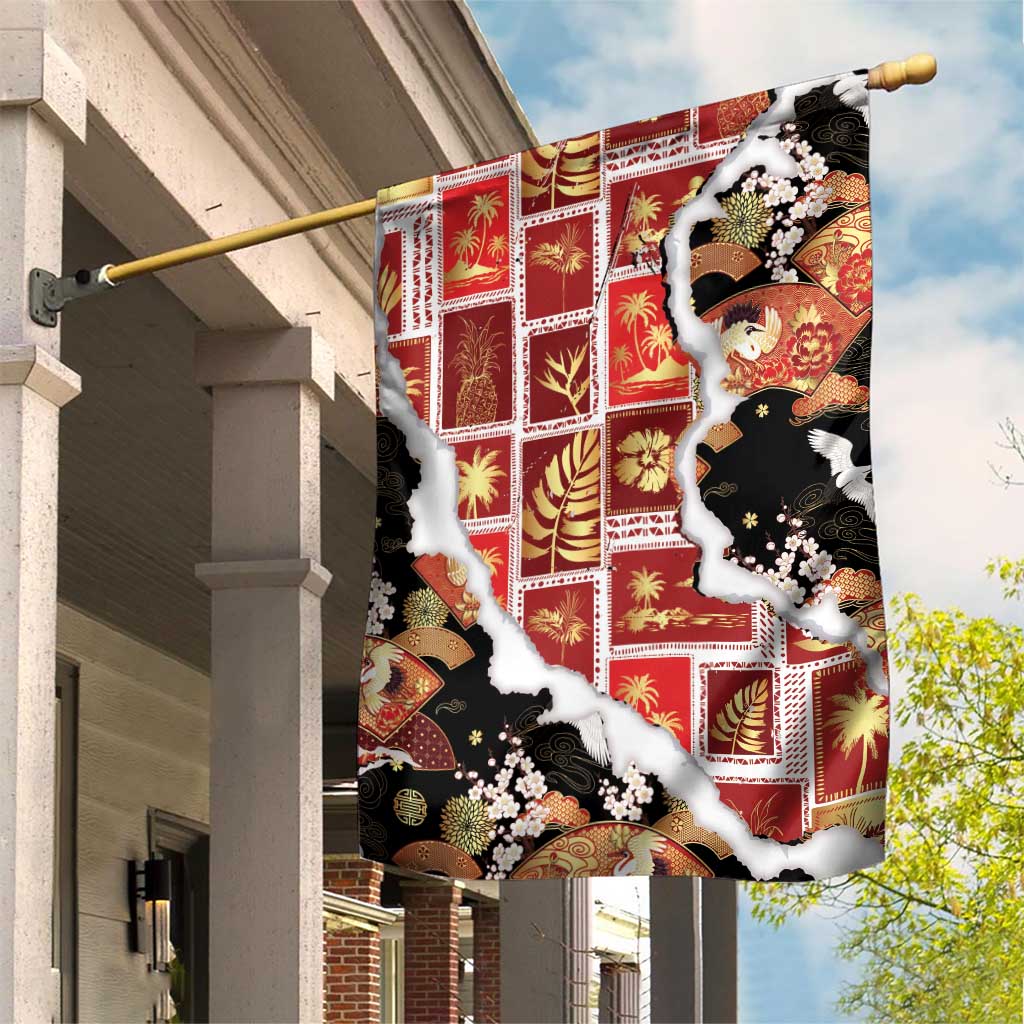Hawaii Japanese Culture Black Garden Flag Spring Cranes Aloha Pattern