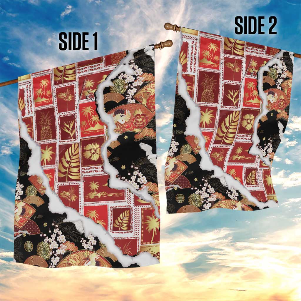 Hawaii Japanese Culture Black Garden Flag Spring Cranes Aloha Pattern