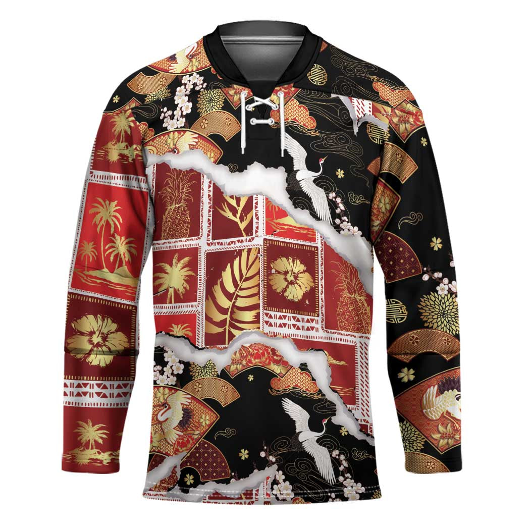 Hawaii Japanese Culture Black Hockey Jersey Spring Cranes Aloha Pattern LT01 Unisex Black - Polynesian Pride