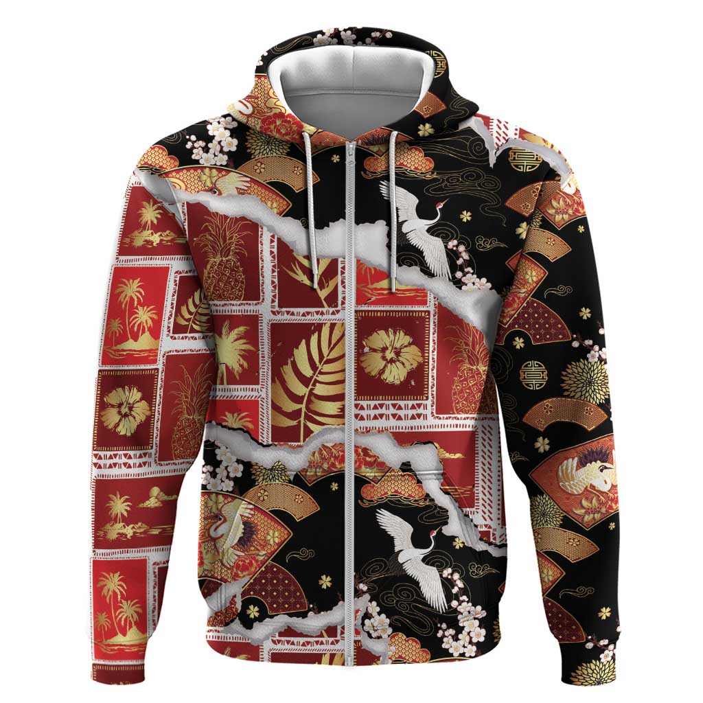 Hawaii Japanese Culture Black Hoodie Spring Cranes Aloha Pattern LT01 Zip Hoodie Black - Polynesian Pride