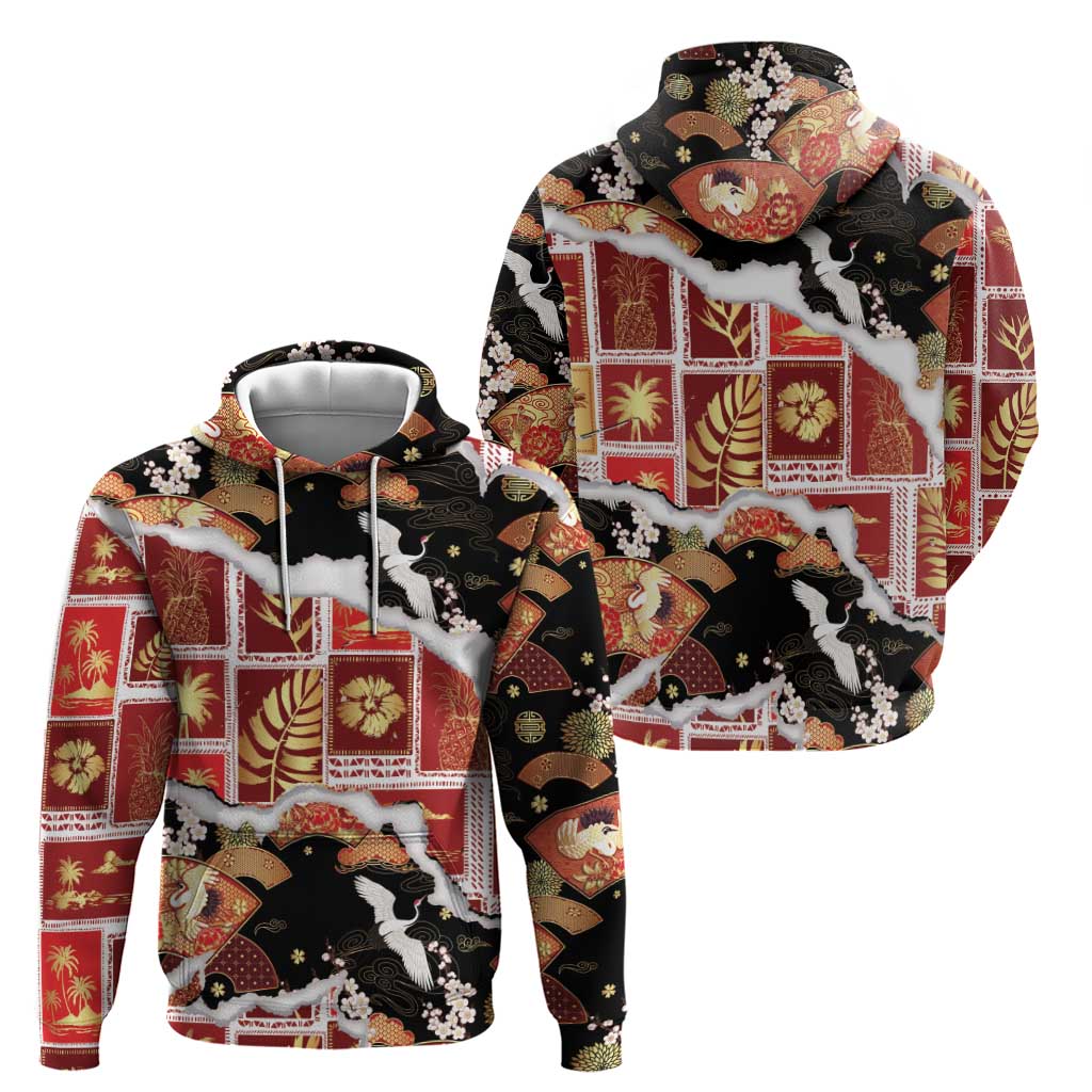 Hawaii Japanese Culture Black Hoodie Spring Cranes Aloha Pattern LT01 - Polynesian Pride