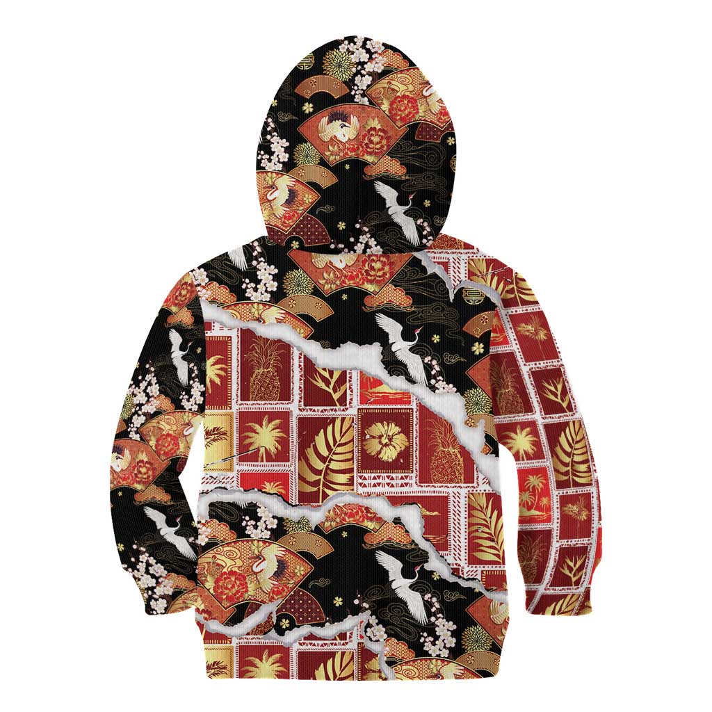 Hawaii Japanese Culture Black Kid Hoodie Spring Cranes Aloha Pattern