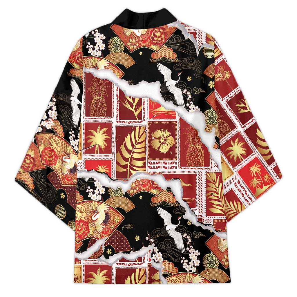 Hawaii Japanese Culture Black Kimono Spring Cranes Aloha Pattern