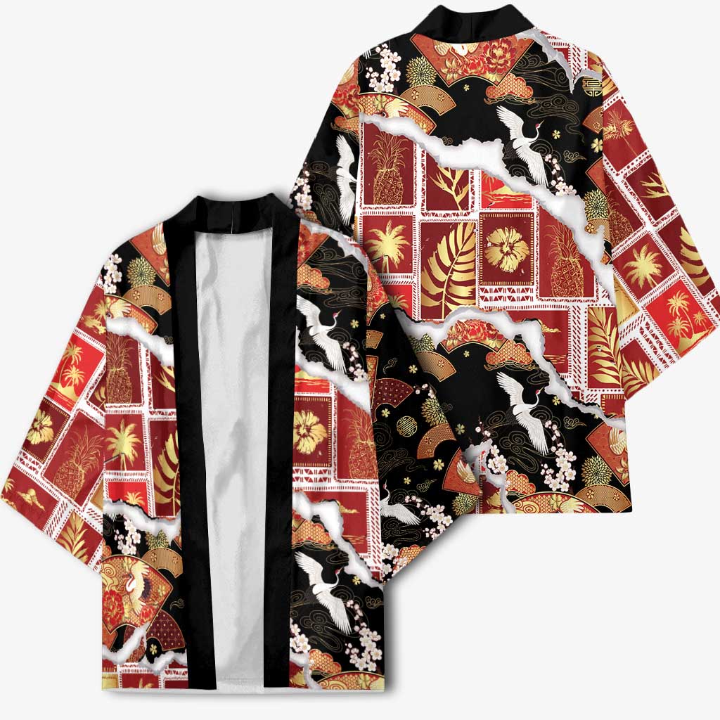 Hawaii Japanese Culture Black Kimono Spring Cranes Aloha Pattern