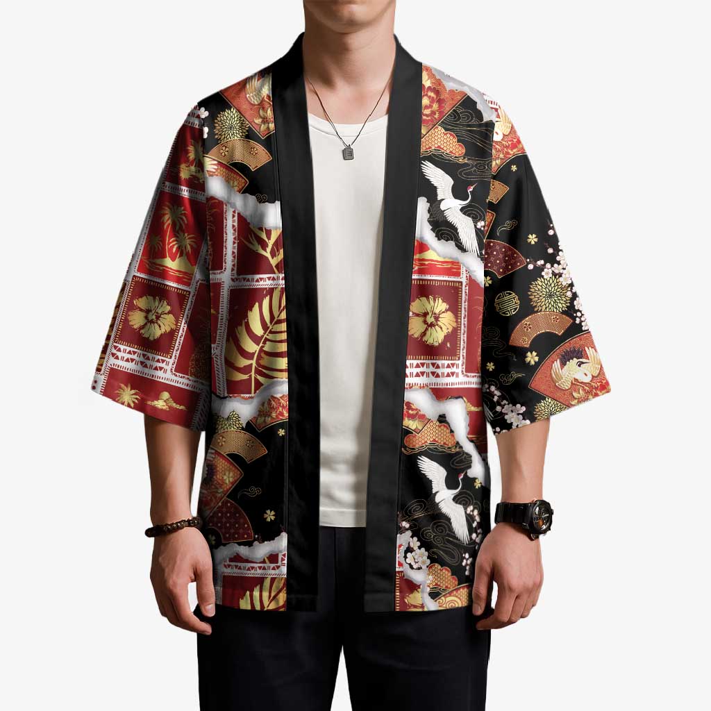 Hawaii Japanese Culture Black Kimono Spring Cranes Aloha Pattern