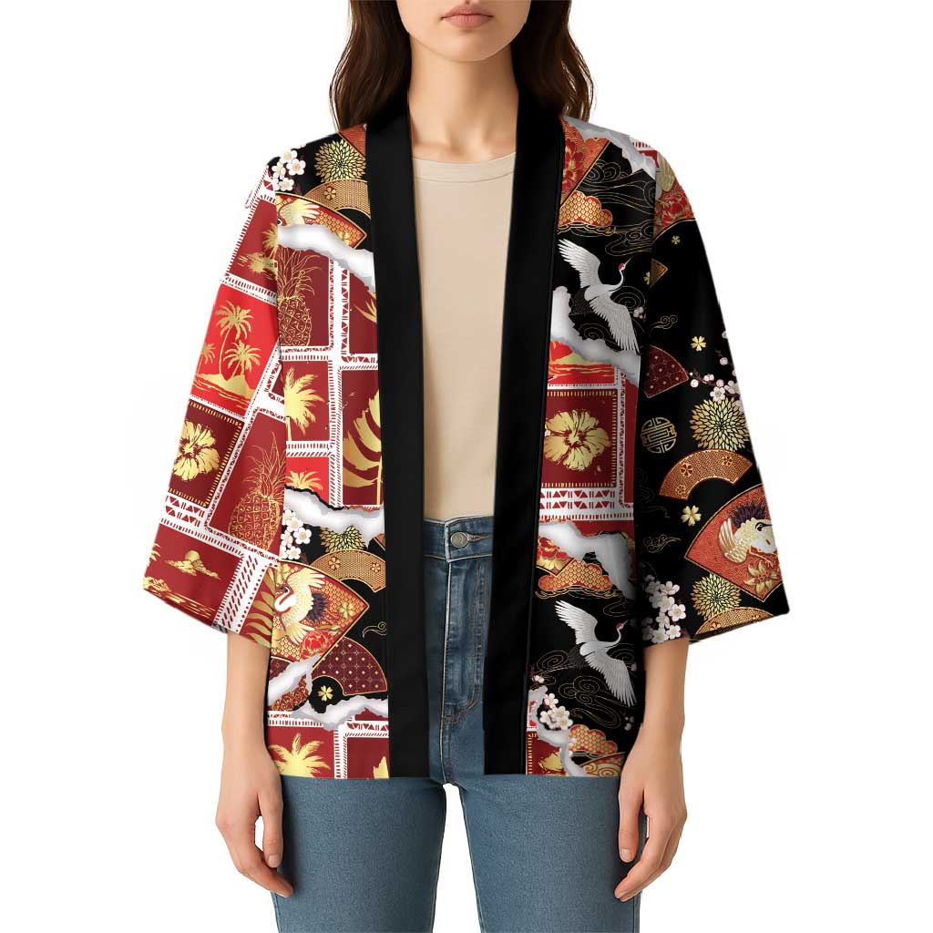 Hawaii Japanese Culture Black Kimono Spring Cranes Aloha Pattern