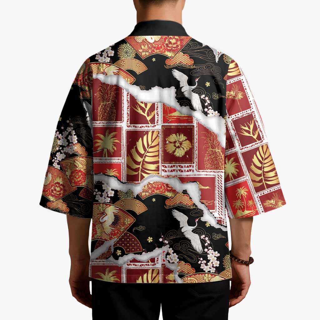Hawaii Japanese Culture Black Kimono Spring Cranes Aloha Pattern