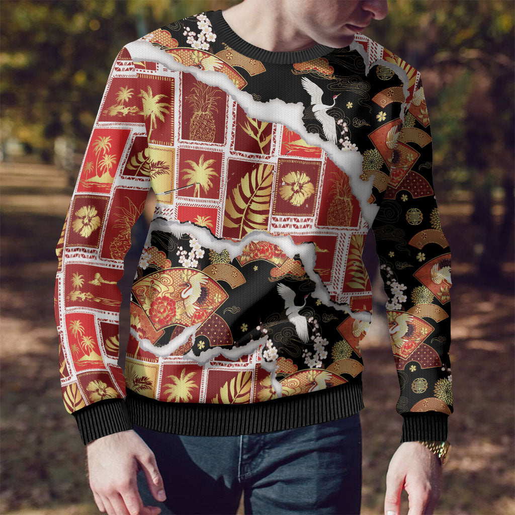 Hawaii Japanese Culture Black Ugly Christmas Sweater Spring Cranes Aloha Pattern LT01 - Polynesian Pride