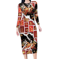 Hawaii Japanese Culture Black Long Sleeve Bodycon Dress Spring Cranes Aloha Pattern