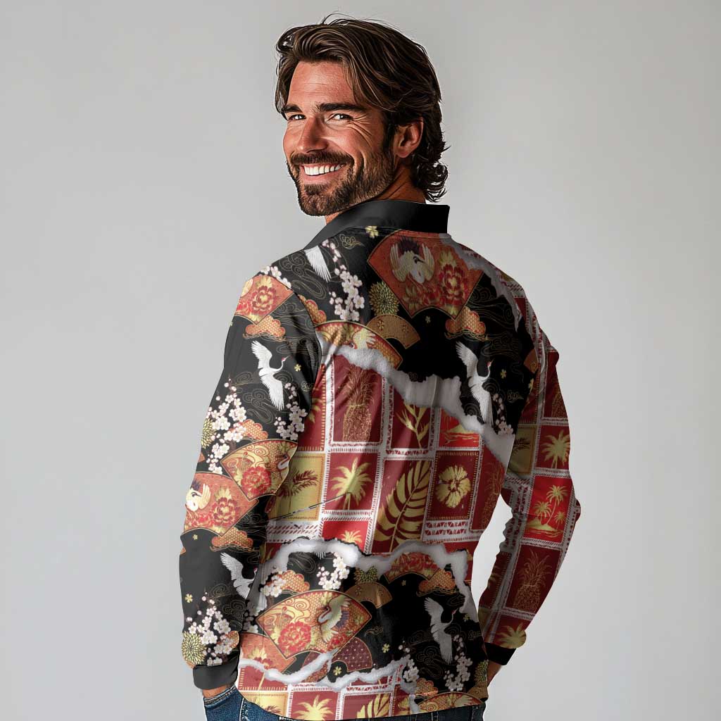Hawaii Japanese Culture Black Long Sleeve Polo Shirt Spring Cranes Aloha Pattern