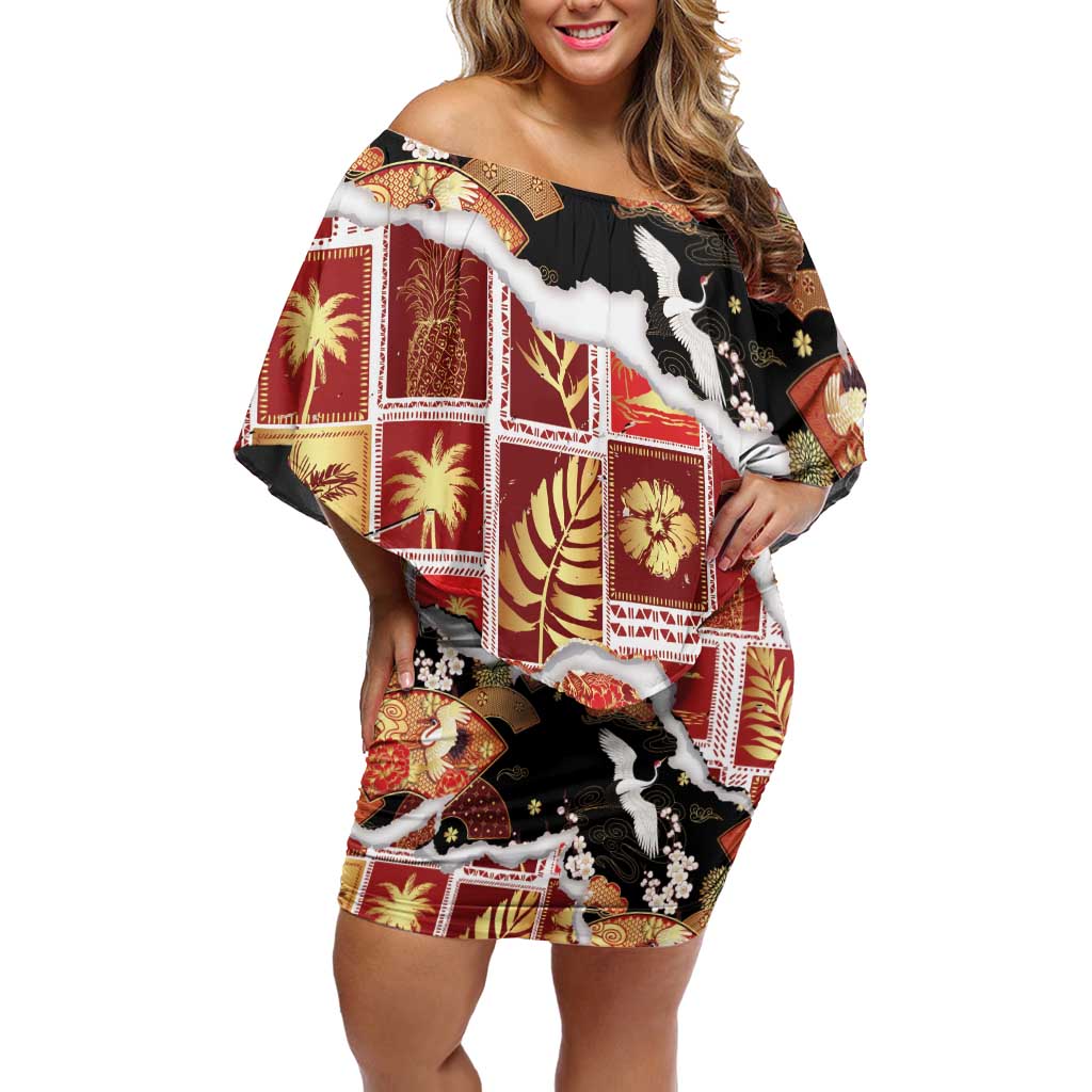 Hawaii Japanese Culture Black Off Shoulder Short Dress Spring Cranes Aloha Pattern LT01 Women Black - Polynesian Pride
