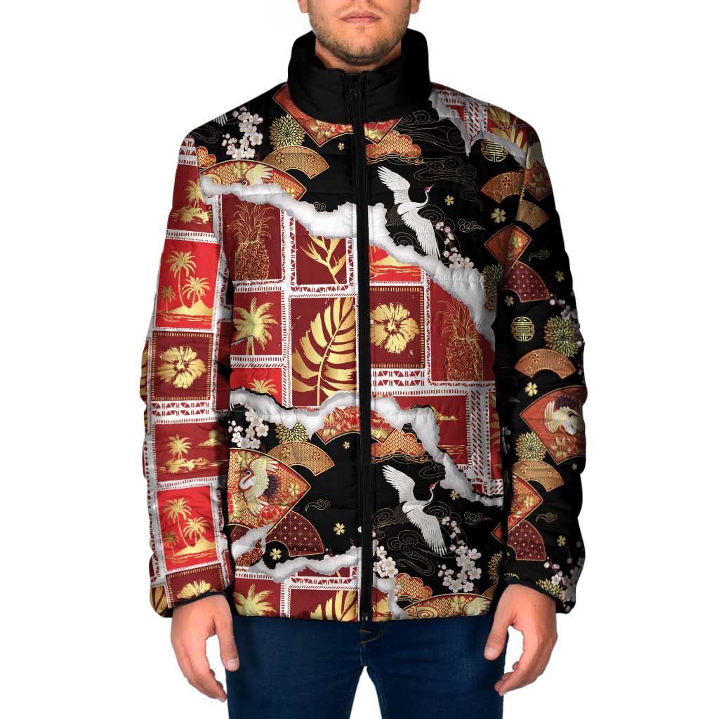 Hawaii Japanese Culture Black Padded Jacket Spring Cranes Aloha Pattern LT01 Men Black - Polynesian Pride