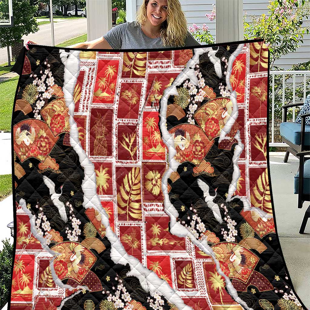 Hawaii Japanese Culture Black Quilt Spring Cranes Aloha Pattern