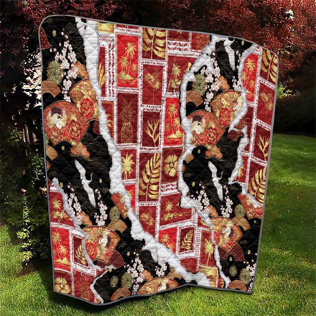 Hawaii Japanese Culture Black Quilt Spring Cranes Aloha Pattern
