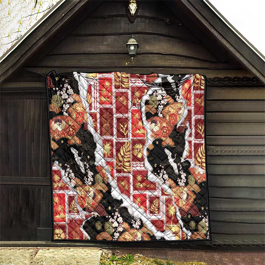 Hawaii Japanese Culture Black Quilt Spring Cranes Aloha Pattern