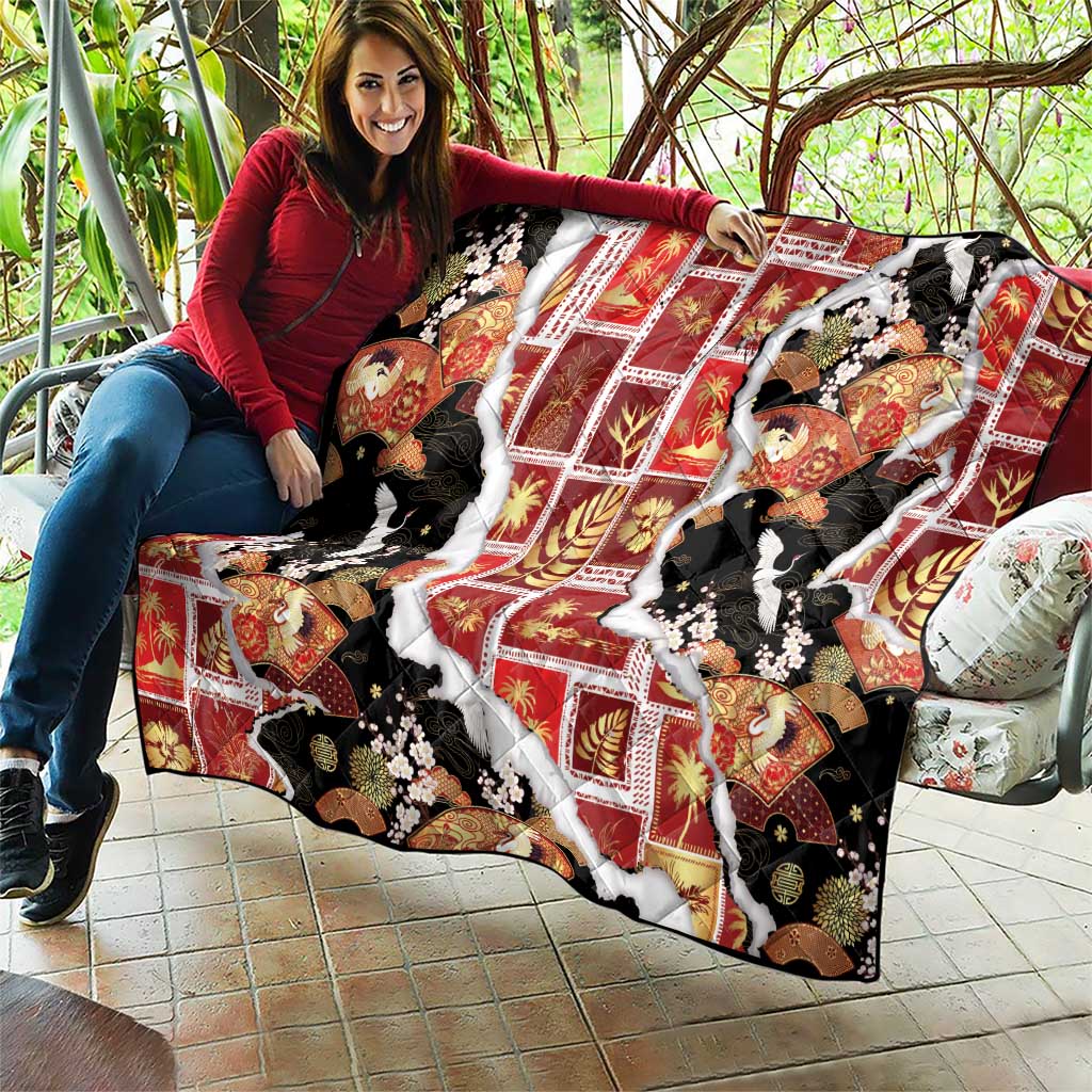 Hawaii Japanese Culture Black Quilt Spring Cranes Aloha Pattern
