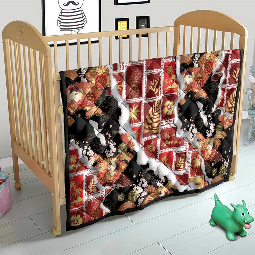 Hawaii Japanese Culture Black Quilt Spring Cranes Aloha Pattern
