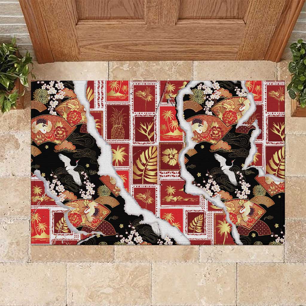 Hawaii Japanese Culture Black Rubber Doormat Spring Cranes Aloha Pattern LT01 Black - Polynesian Pride