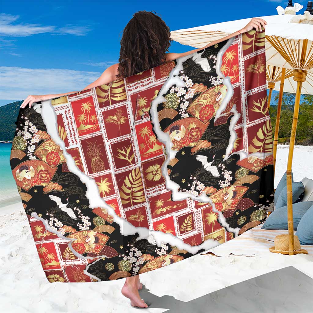 Hawaii Japanese Culture Black Sarong Spring Cranes Aloha Pattern