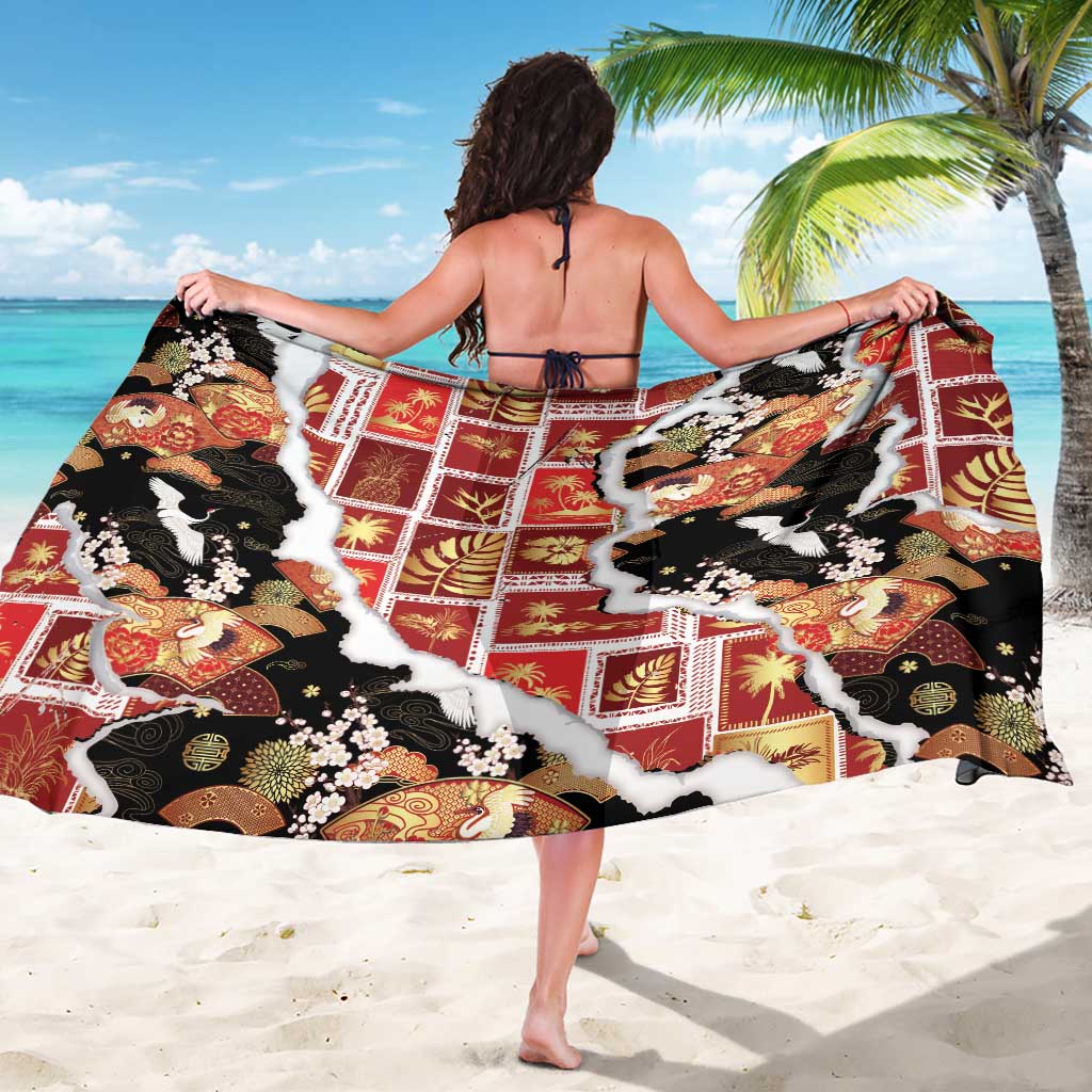 Hawaii Japanese Culture Black Sarong Spring Cranes Aloha Pattern
