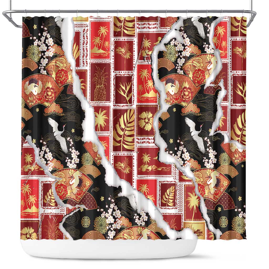 Hawaii Japanese Culture Black Shower Curtain Spring Cranes Aloha Pattern LT01 Black - Polynesian Pride