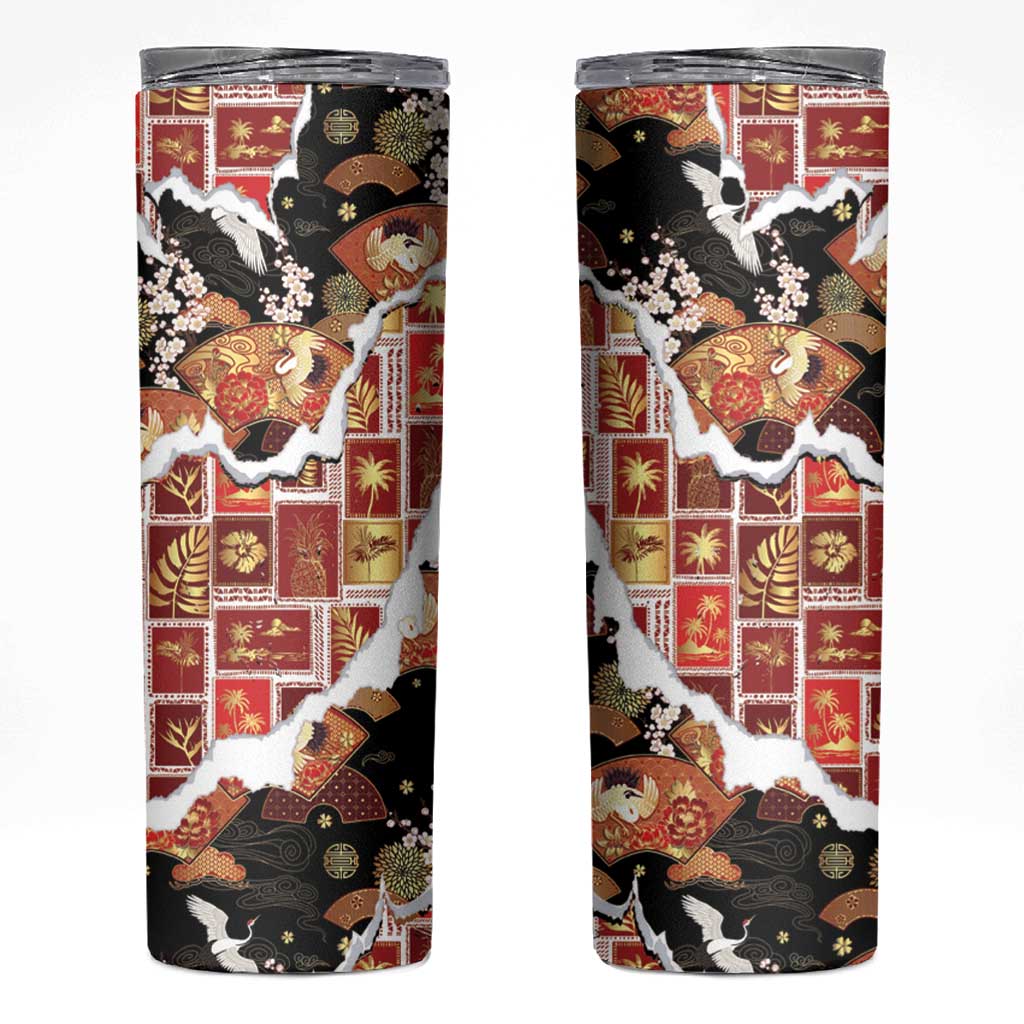 Hawaii Japanese Culture Black Skinny Tumbler Spring Cranes Aloha Pattern LT01 Black - Polynesian Pride