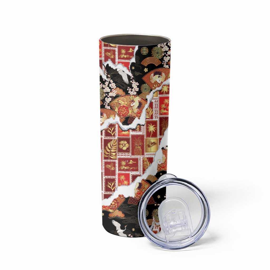 Hawaii Japanese Culture Black Skinny Tumbler Spring Cranes Aloha Pattern LT01 - Polynesian Pride