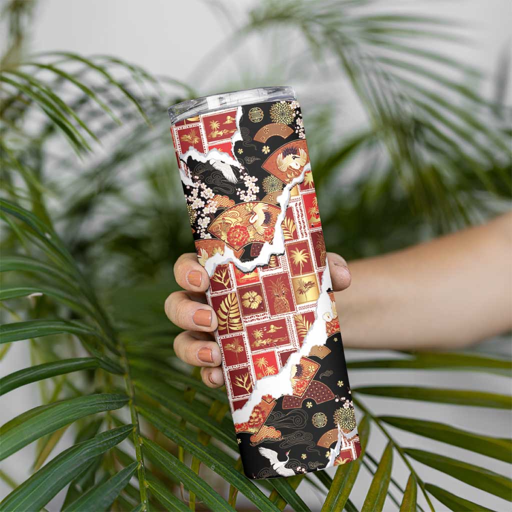 Hawaii Japanese Culture Black Skinny Tumbler Spring Cranes Aloha Pattern LT01 - Polynesian Pride