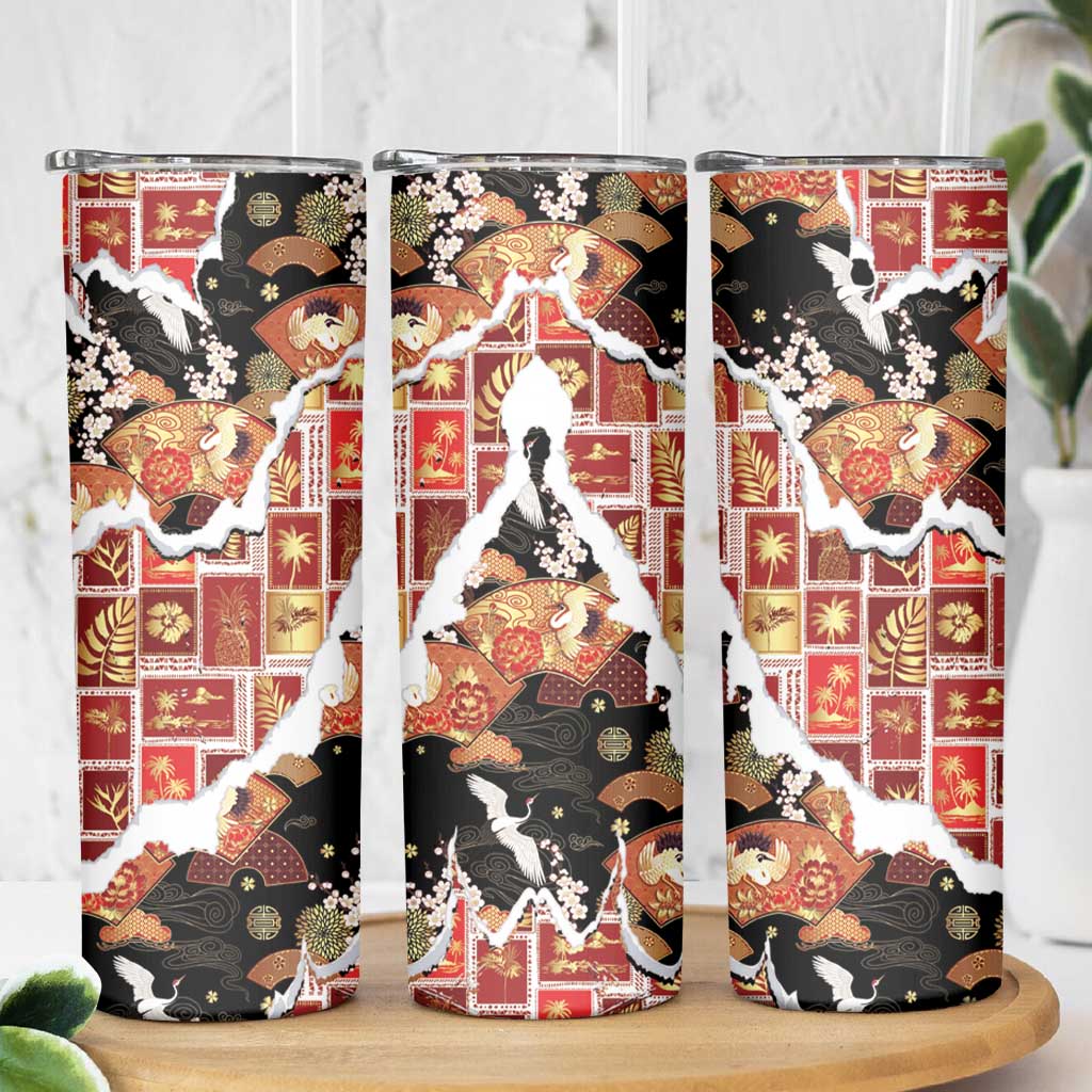 Hawaii Japanese Culture Black Skinny Tumbler Spring Cranes Aloha Pattern LT01 - Polynesian Pride