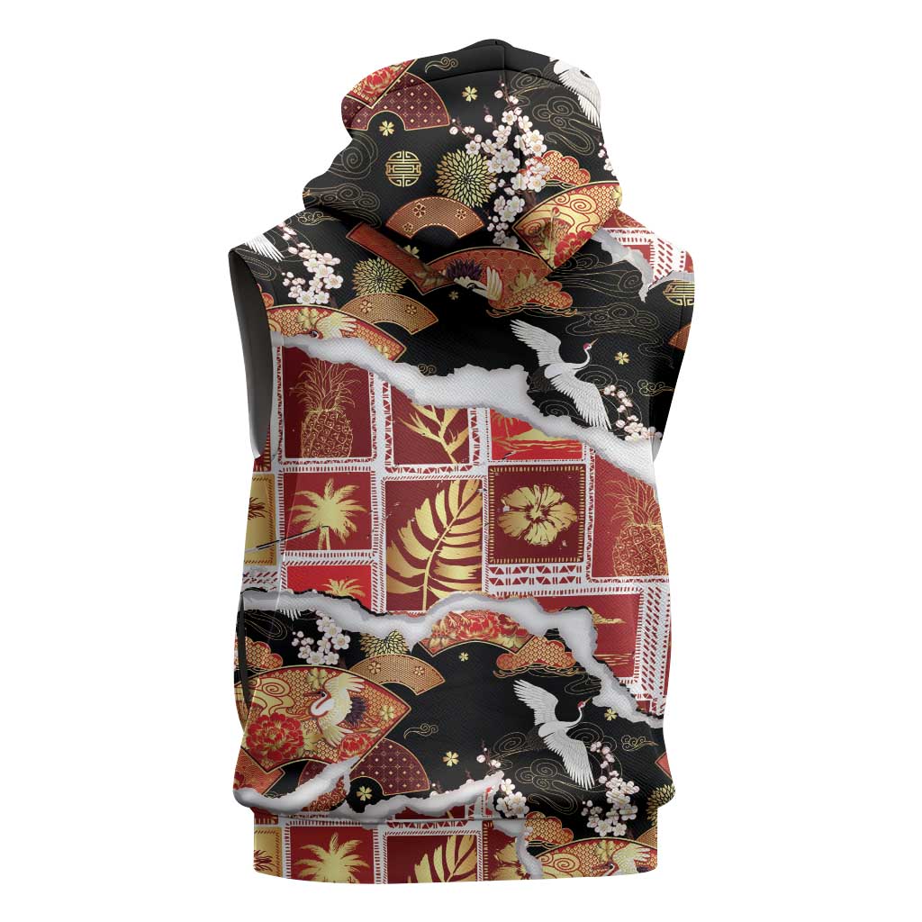 Hawaii Japanese Culture Black Sleeveless Hoodie Spring Cranes Aloha Pattern