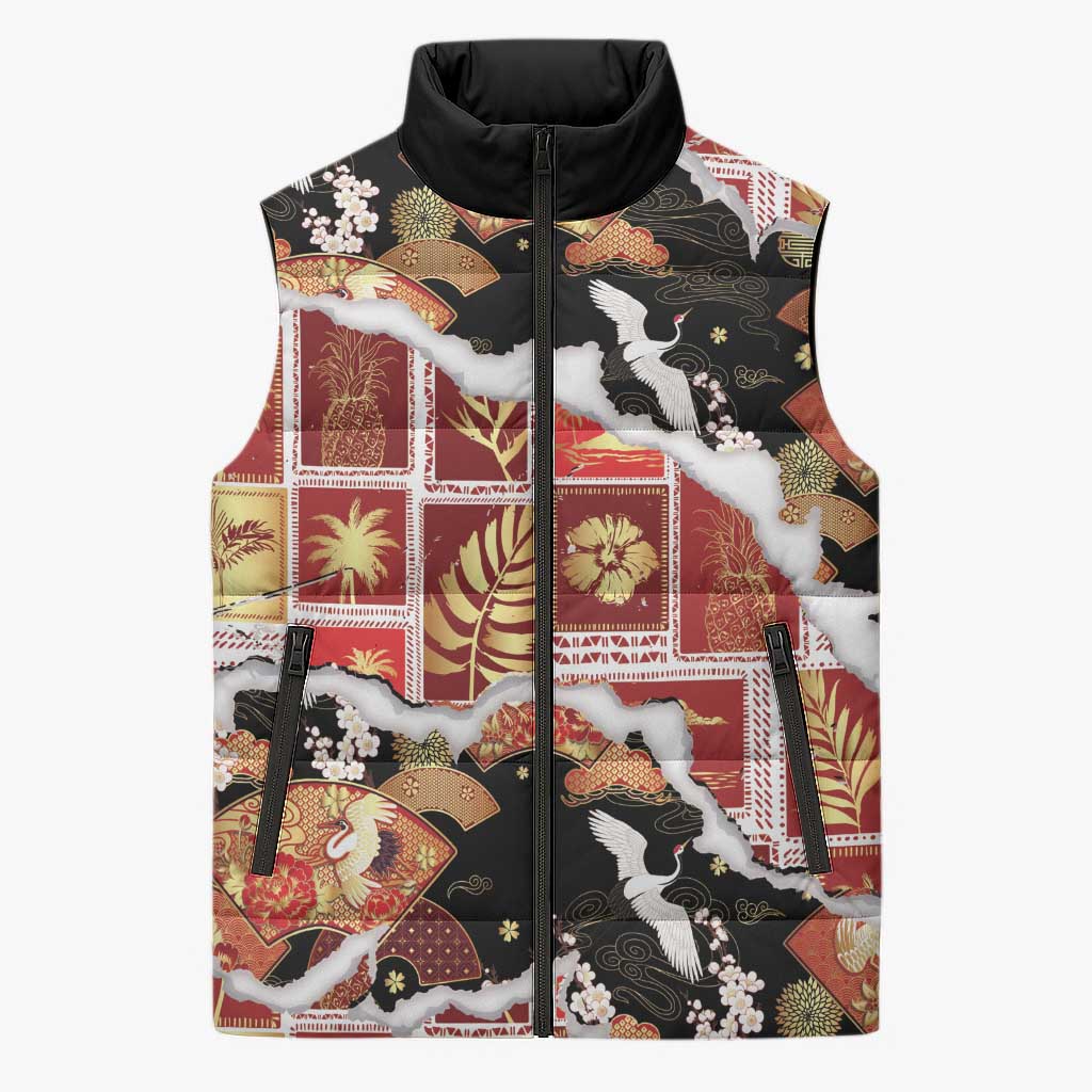 Hawaii Japanese Culture Black Sleeveless Puffer Jacket Spring Cranes Aloha Pattern