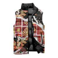 Hawaii Japanese Culture Black Sleeveless Puffer Jacket Spring Cranes Aloha Pattern