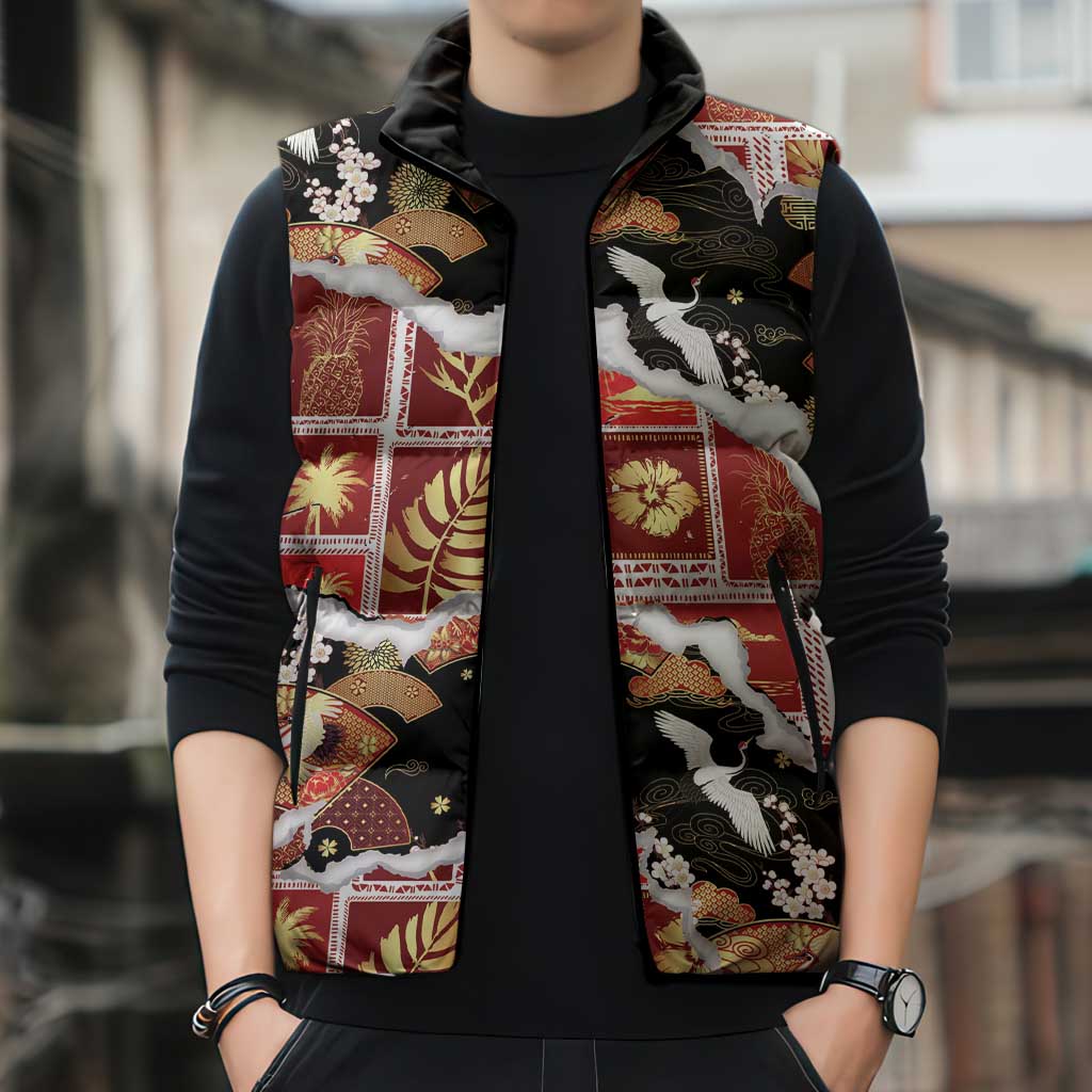 Hawaii Japanese Culture Black Sleeveless Puffer Jacket Spring Cranes Aloha Pattern