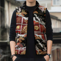 Hawaii Japanese Culture Black Sleeveless Puffer Jacket Spring Cranes Aloha Pattern