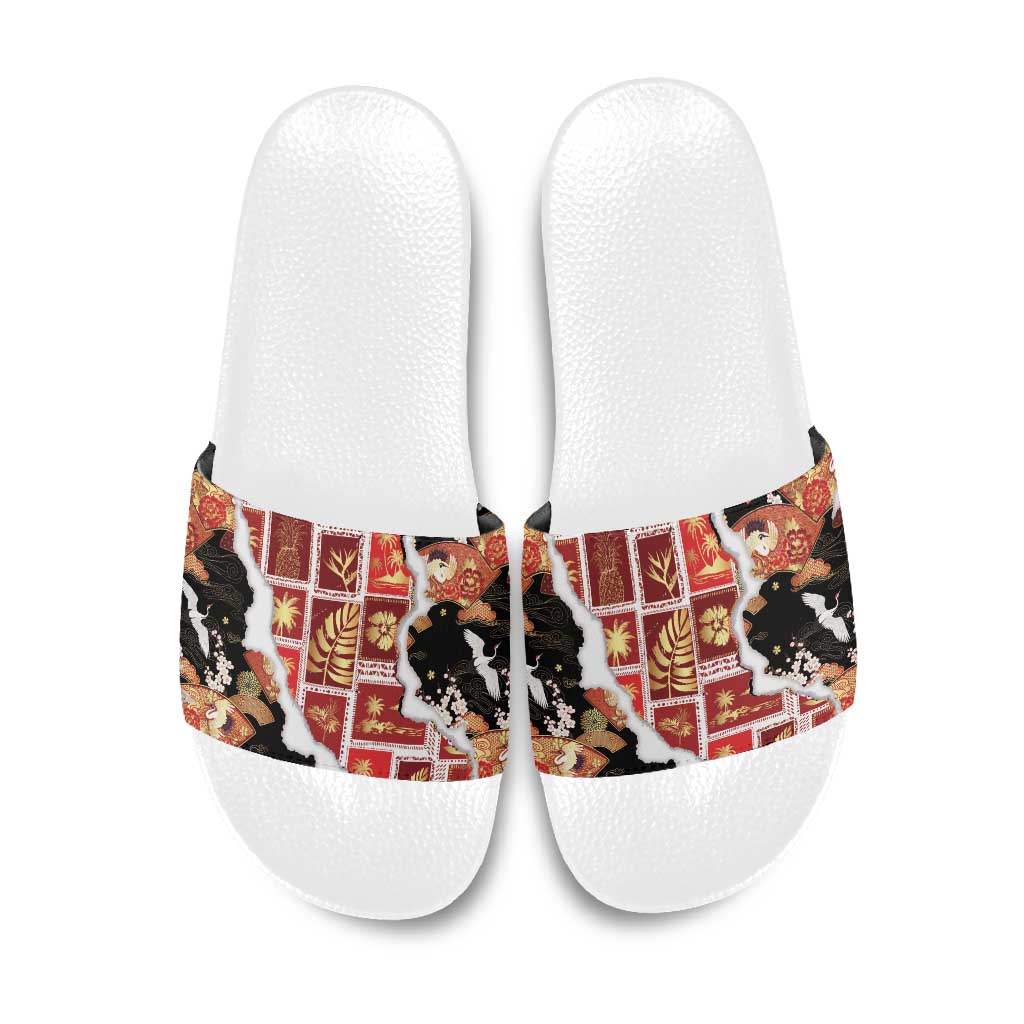 Hawaii Japanese Culture Black Slide Sandals Spring Cranes Aloha Pattern