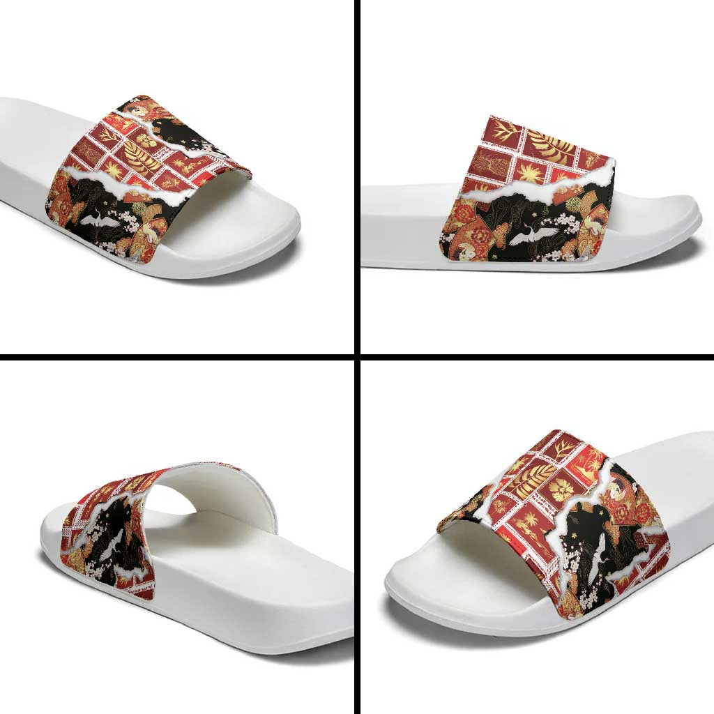 Hawaii Japanese Culture Black Slide Sandals Spring Cranes Aloha Pattern