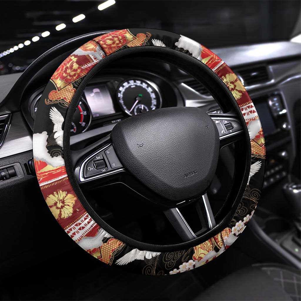 Hawaii Japanese Culture Black Steering Wheel Cover Spring Cranes Aloha Pattern