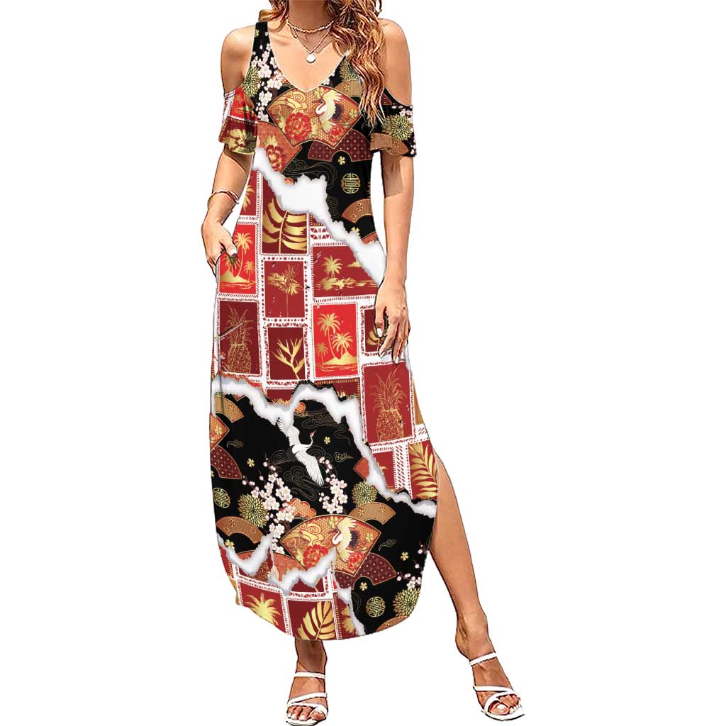 Hawaii Japanese Culture Black Summer Maxi Dress Spring Cranes Aloha Pattern LT01 Women Black - Polynesian Pride